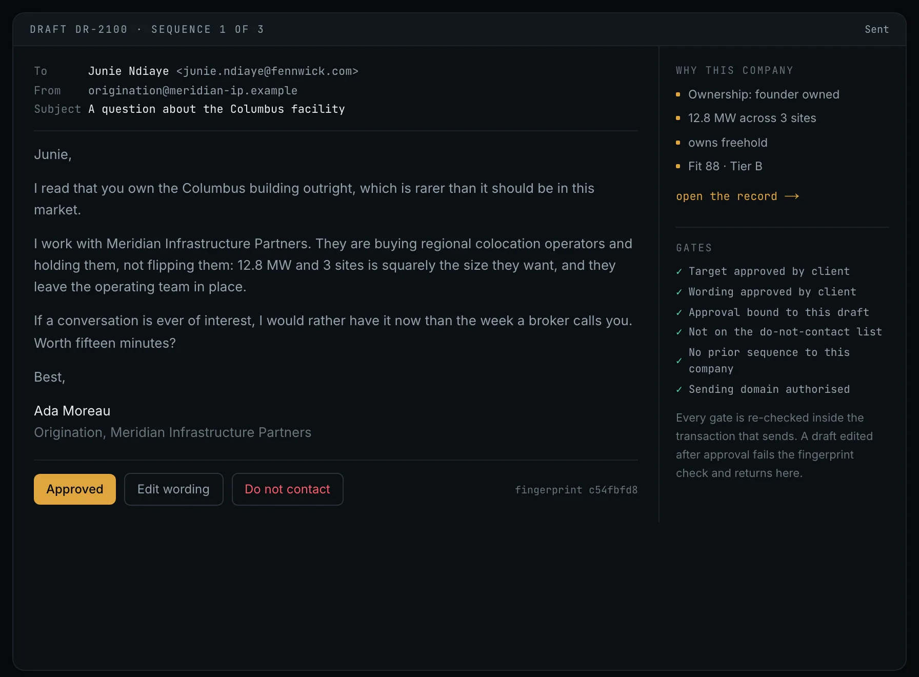 The outreach screen: a drafted email with the reasons for the company beside it and the approval gates it must pass