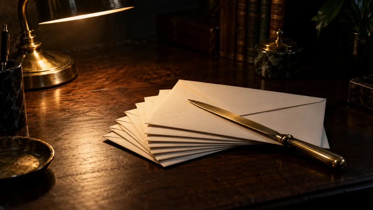 A fanned stack of blank cream envelopes on a dark desk beside a brass letter opener