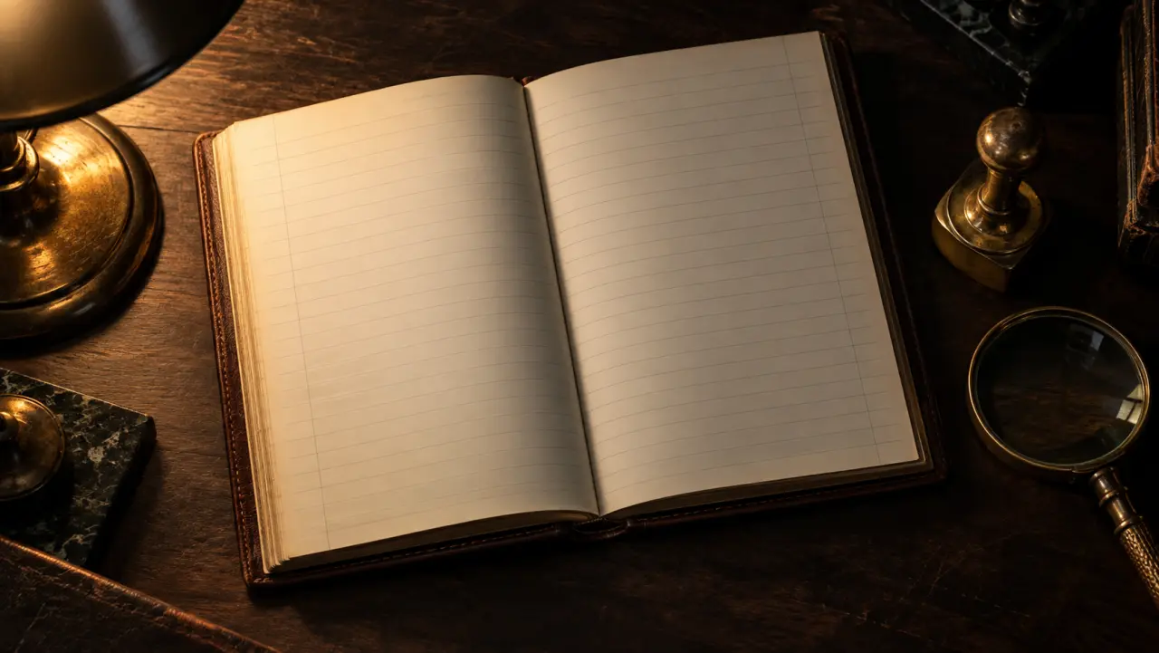 An open, blank ruled ledger on a desk beside a brass stamp and a magnifying glass
